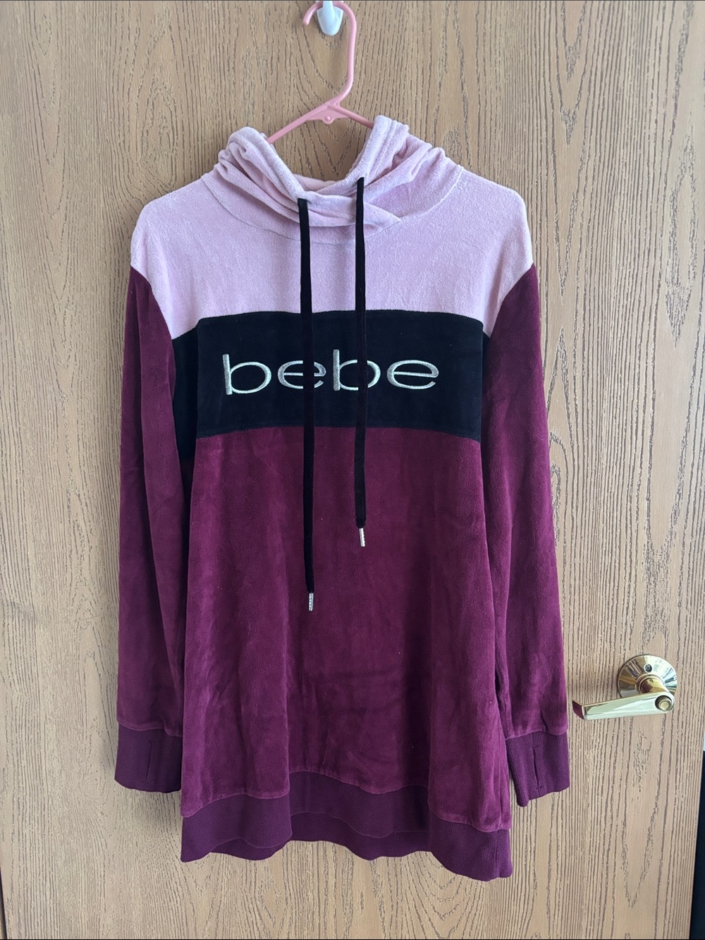 bebe Plush Colorblock Hoodie Sweater in Pink, Black & Burgundy